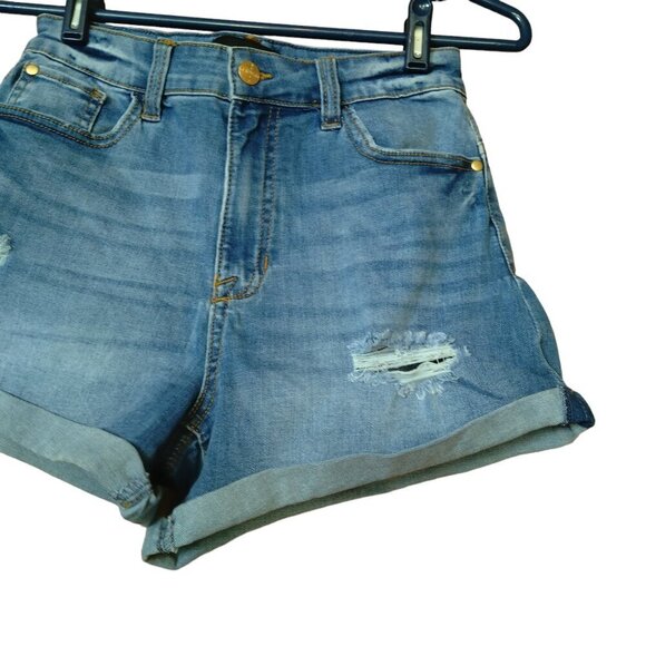 Kendall + Kylie Women's Juniors 7/28 The Icon Short Blue Distressed Denim Shorts - Picture 3 of 4